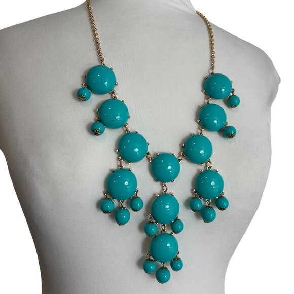 Faux Turquoise Bubble Plastic Beaded Bib Necklace Gold Tone Drop Statement - Picture 1 of 10